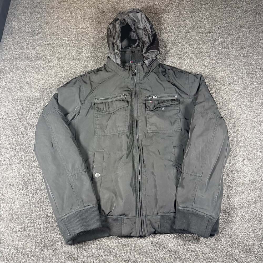 Tommy Hilfiger Bomber Jacket Size XL Black Hooded Full Zip Utility